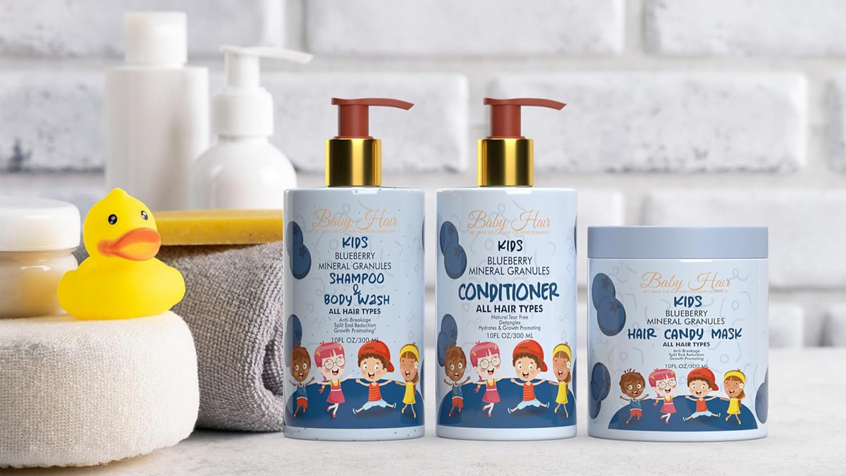 BABY HAIR - Blueberry Mineral Kids Conditioner & Shampoo/Body Wash, Sulfate-Free Kids Tearless Shampoo and Body Wash with Strawberry Oil and Aloe Vera, Set of 2(10 fl.oz each)