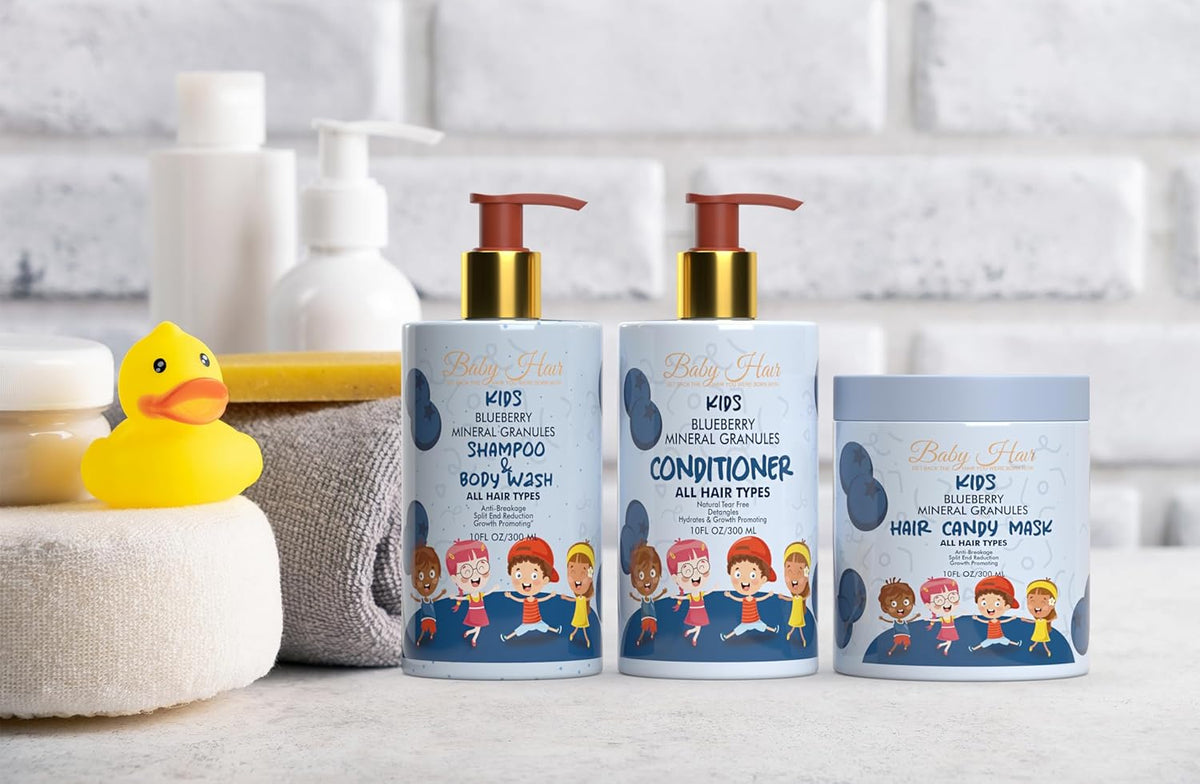 BABY HAIR - Blueberry Mineral Kids Conditioner & Shampoo/Body Wash, Sulfate-Free Kids Tearless Shampoo and Body Wash with Strawberry Oil and Aloe Vera, Set of 2(10 fl.oz each)