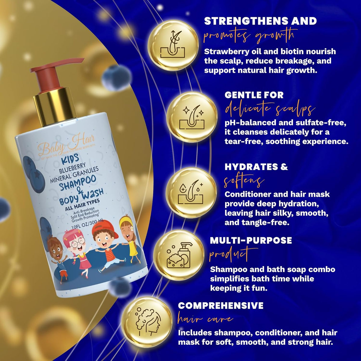 BABY HAIR - Blueberry Mineral Kids Shampoo/Body Wash, Sulfate-Free Kids Tearless Shampoo and Body Wash, Shampoo For Kids with Blueberry & Strawberry Oil and Aloe Vera, No Tears Shampoo, 10 fl.oz.