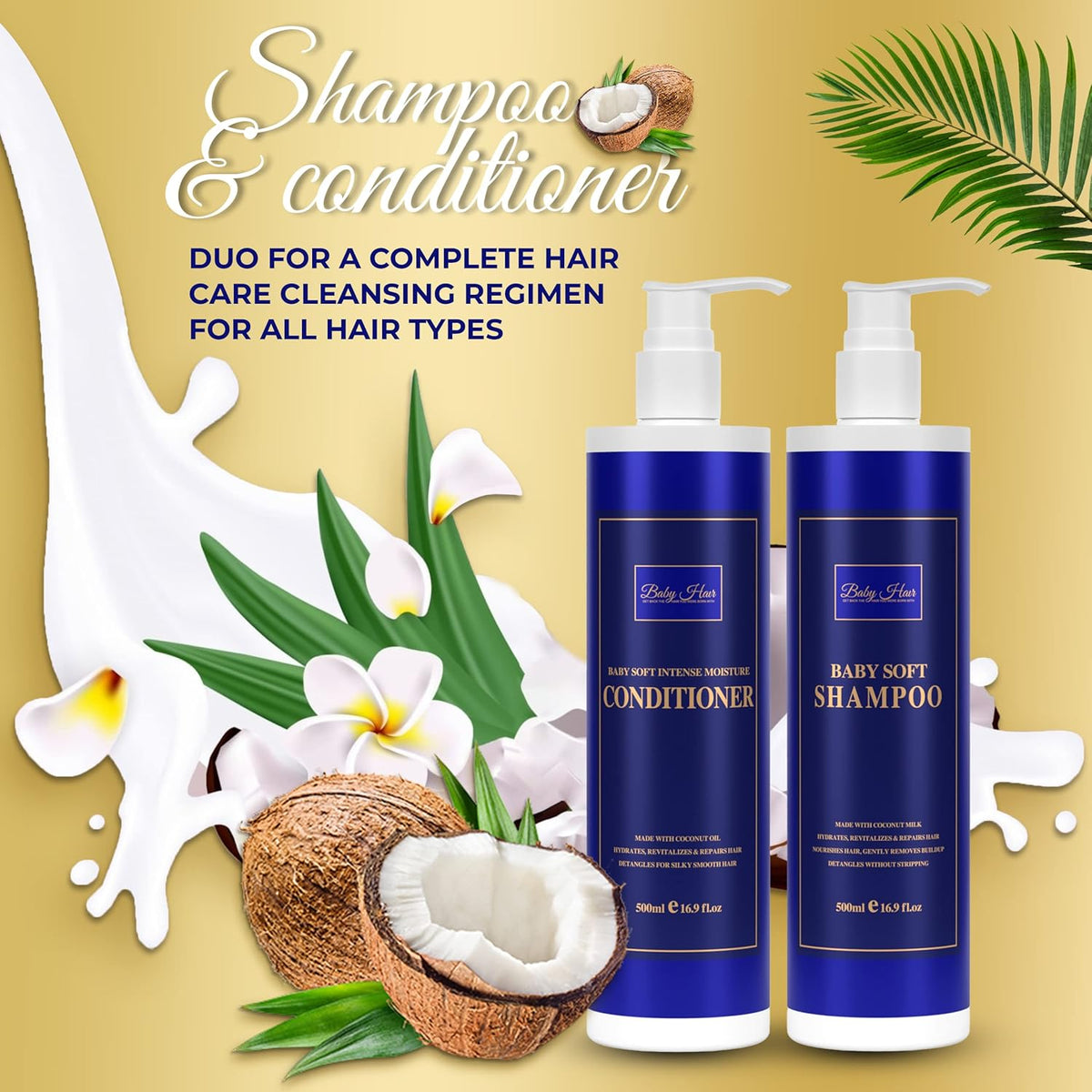 Baby Hair, Coconut Tress Intense Moisture Shampoo and Conditioner Duo - Hydrating Hair Care for All Hair Types Count Pack 33.8oz.