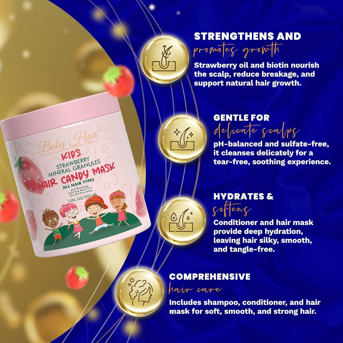 Baby Hair - Strawberry Mineral Hair Candy Mask, Sulfate-Free Kids Hair Conditioner Mask, Hair Mask with Strawberry Oil, Camellia Oil, and Biotin, 10 fl.oz.