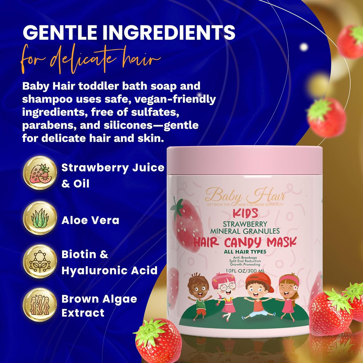 Baby Hair - Strawberry Mineral Hair Candy Mask, Sulfate-Free Kids Hair Conditioner Mask, Hair Mask with Strawberry Oil, Camellia Oil, and Biotin, 10 fl.oz.